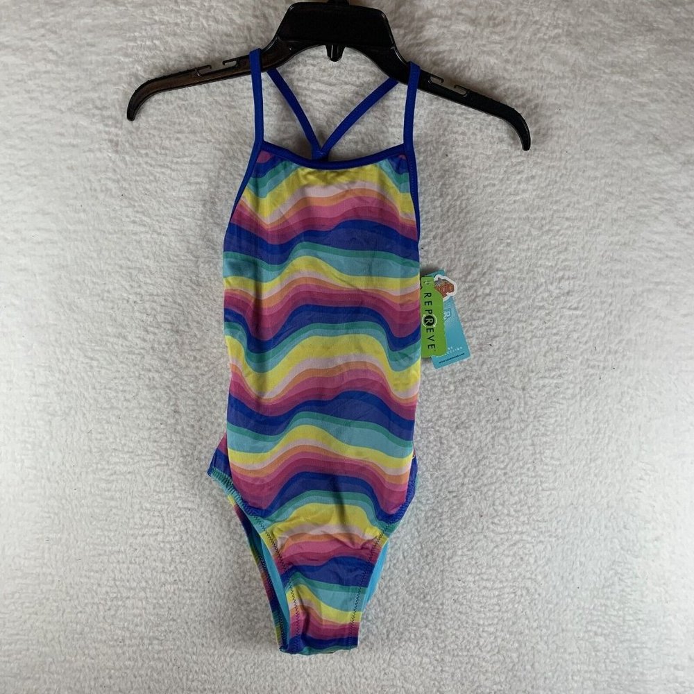 Speedo Swimsuit Women's 28 Multicolor Rainbow Wave Square Neck One Piece 8070‎